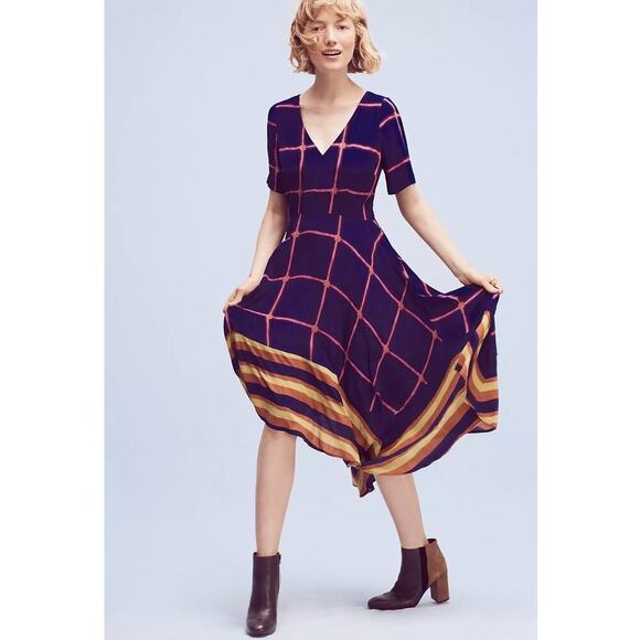 Anthropologie HD In Paris Striped Pane Midi Dress Blue Size 0P - Picture 1 of 12